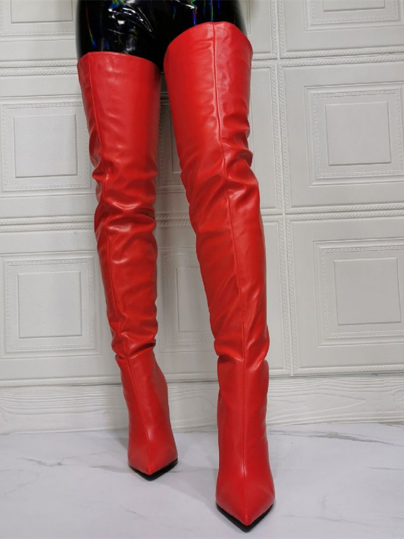 Overknee-stiefel Für Damen Übergröße Stiletto-absatz Pu-leder Rote Oberschenkelhohe Stiefel - Rot