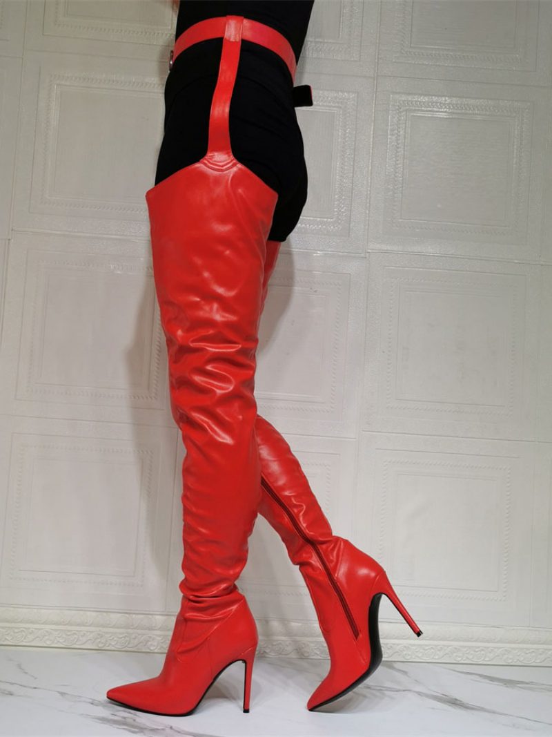 Overknee-stiefel Für Damen Übergröße Stiletto-absatz Pu-leder Roter Oberschenkelhoher Stiefel - Rot