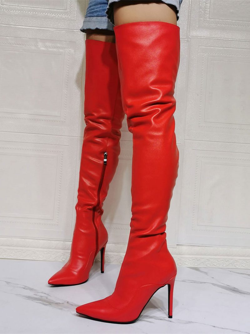 Overknee-stiefel Für Damen Übergröße Stiletto-absatz Pu-leder Roter Oberschenkelhoher Stiefel - Rot