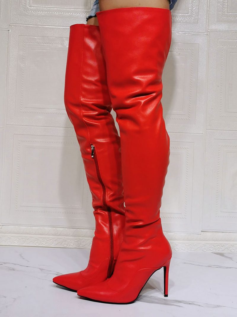 Overknee-stiefel Für Damen Übergröße Stiletto-absatz Pu-leder Roter Oberschenkelhoher Stiefel - Rot