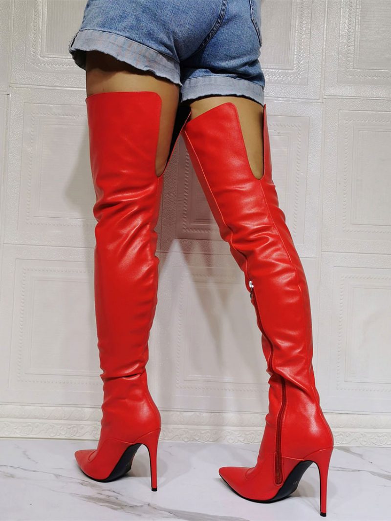 Overknee-stiefel Für Damen Übergröße Stiletto-absatz Pu-leder Roter Oberschenkelhoher Stiefel - Rot