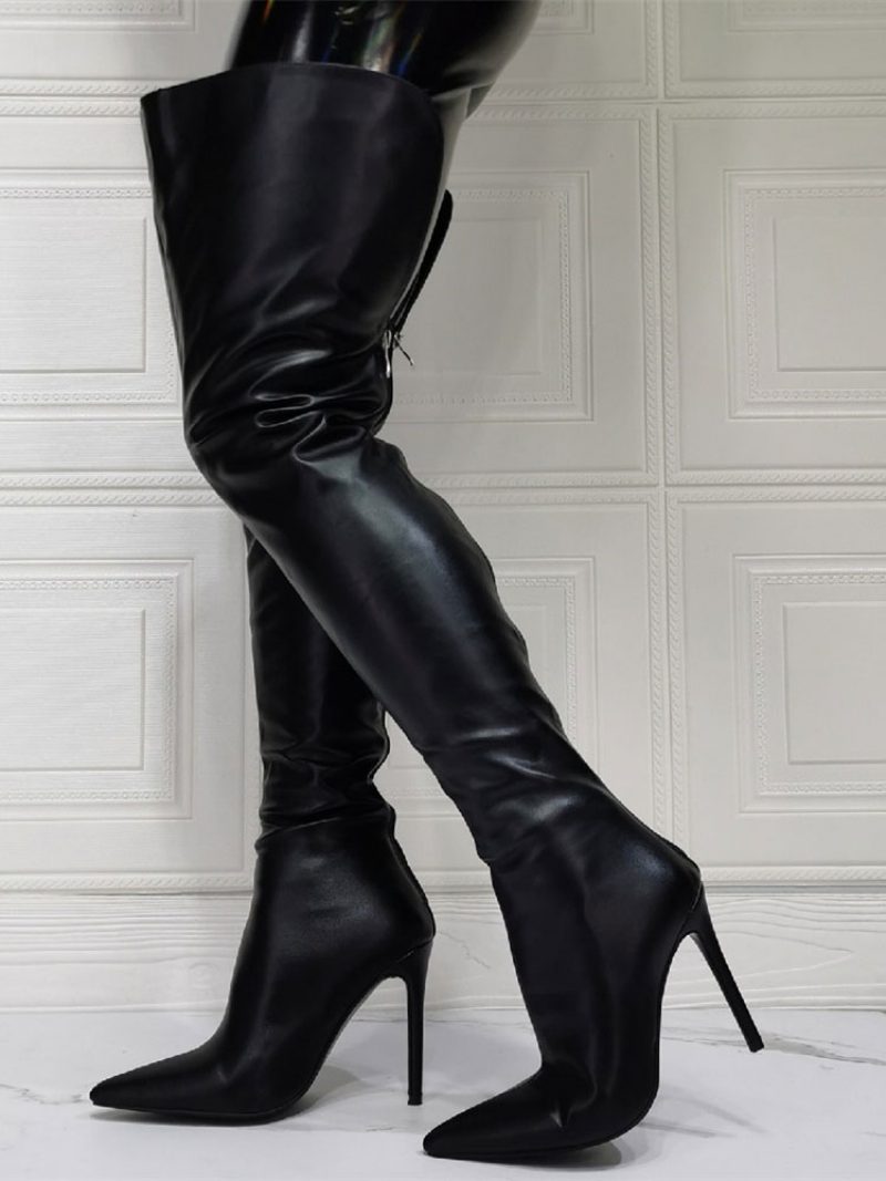 Overknee-stiefel Für Damen Übergröße Stiletto-absatz Pu-leder Schwarze Oberschenkelhohe Stiefel - Schwarz