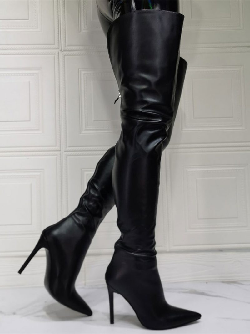 Overknee-stiefel Für Damen Übergröße Stiletto-absatz Pu-leder Schwarze Oberschenkelhohe Stiefel - Schwarz