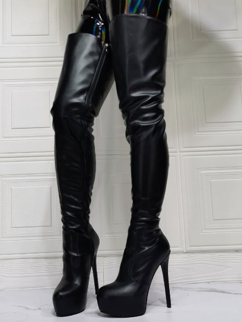 Overknee-stiefel Für Damen Übergröße Stiletto-absatz Pu-leder Schwarze Oberschenkelhohe Stiefel