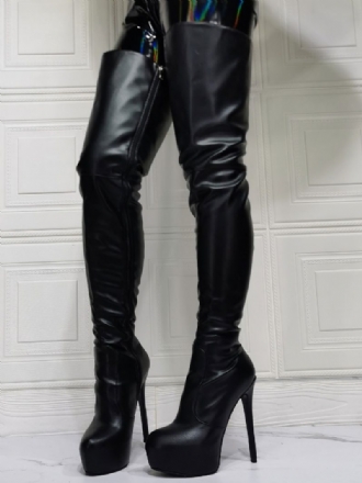 Overknee-stiefel Für Damen Übergröße Stiletto-absatz Pu-leder Schwarze Oberschenkelhohe Stiefel