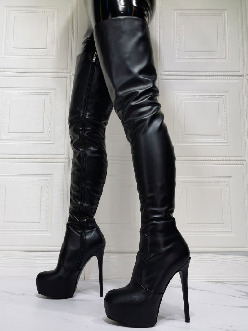 Overknee-stiefel Für Damen Übergröße Stiletto-absatz Pu-leder Schwarze Oberschenkelhohe Stiefel - Schwarz