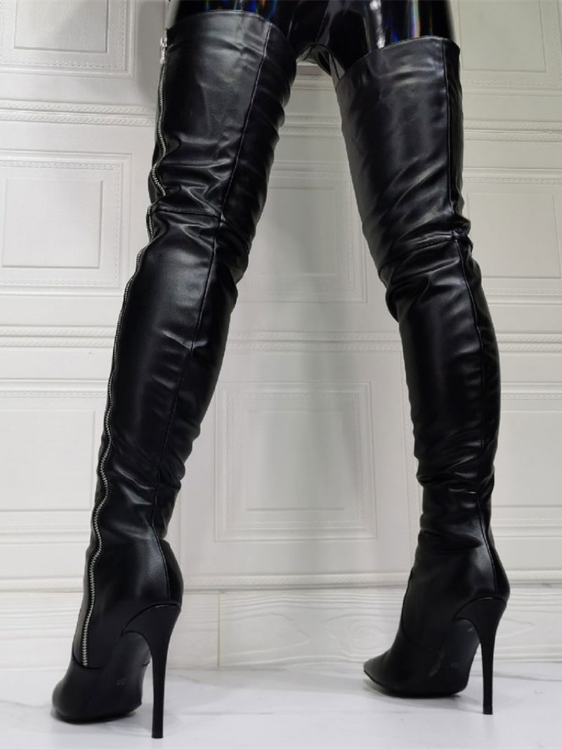 Overknee-stiefel Für Damen Übergröße Stiletto-absatz Pu-leder Schwarze Oberschenkelhohe Stiefel - Schwarz