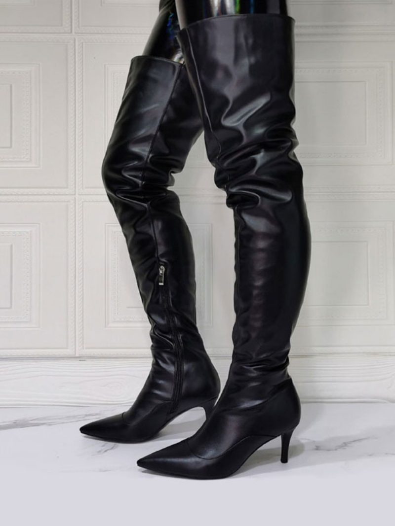 Overknee-stiefel Für Damen Übergröße Stiletto-absatz Pu-leder Schwarze Oberschenkelhohe Stiefel