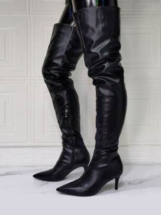 Overknee-stiefel Für Damen Übergröße Stiletto-absatz Pu-leder Schwarze Oberschenkelhohe Stiefel