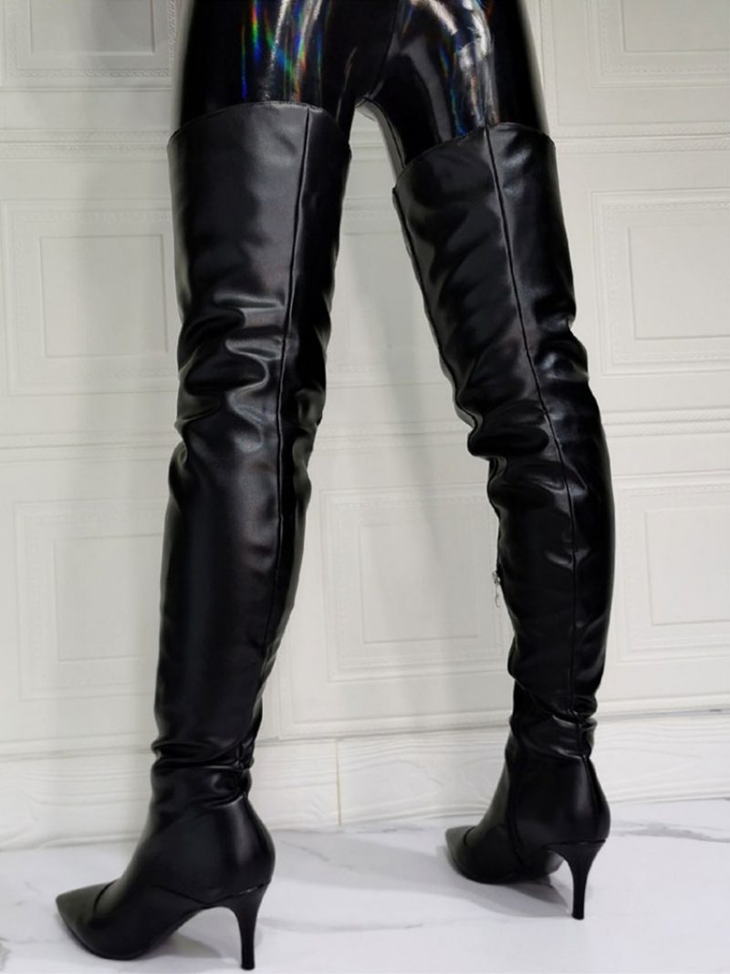 Overknee-stiefel Für Damen Übergröße Stiletto-absatz Pu-leder Schwarze Oberschenkelhohe Stiefel - Schwarz