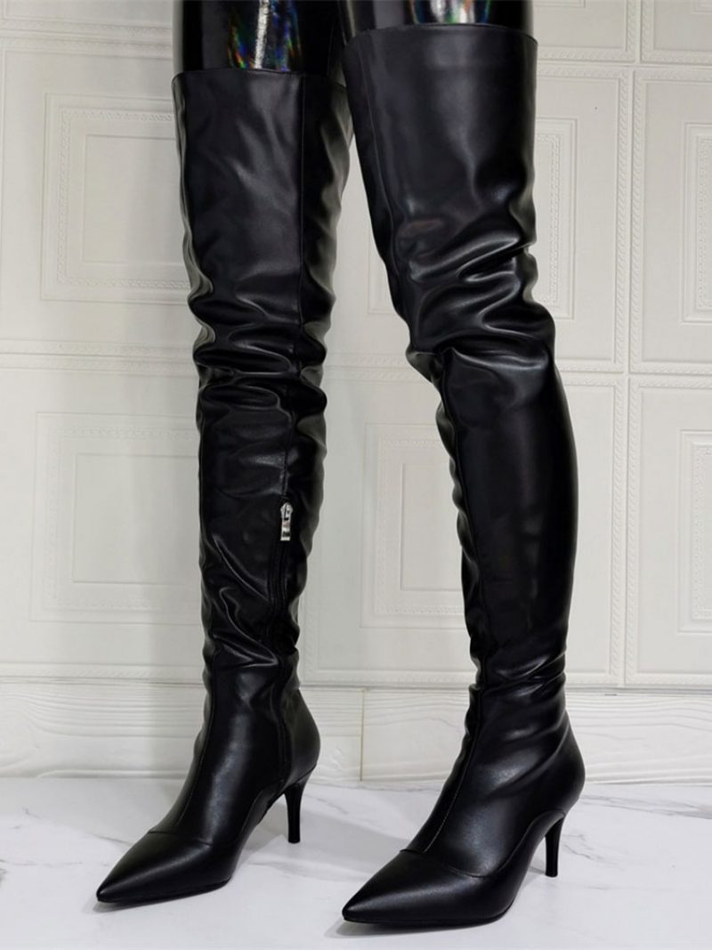 Overknee-stiefel Für Damen Übergröße Stiletto-absatz Pu-leder Schwarze Oberschenkelhohe Stiefel - Schwarz