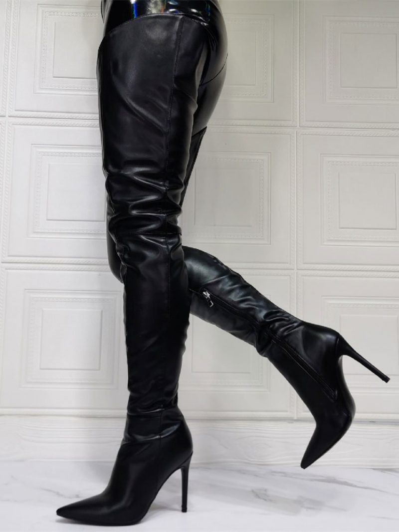 Overknee-stiefel Für Damen Übergröße Stiletto-absatz Pu-leder Schwarze Oberschenkelhohe Stiefel - Schwarz