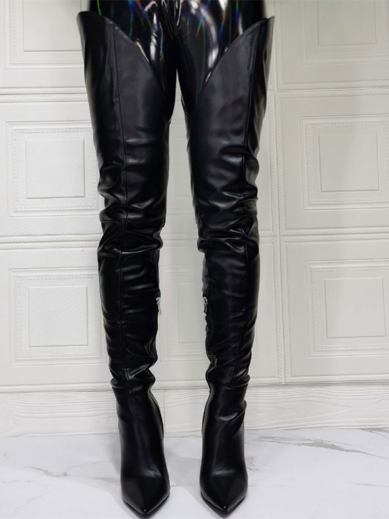 Overknee-stiefel Für Damen Übergröße Stiletto-absatz Pu-leder Schwarze Oberschenkelhohe Stiefel - Schwarz