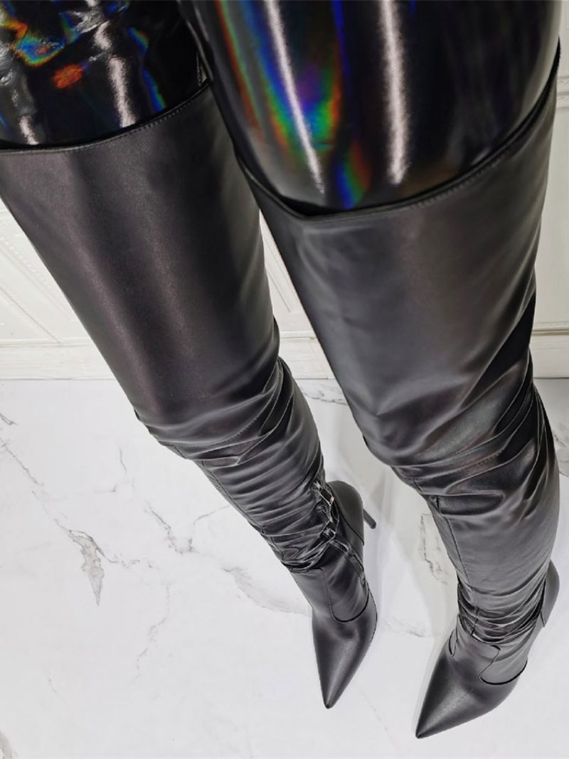 Overknee-stiefel Für Damen Übergröße Stiletto-absatz Spitzer Zehenbereich Reißverschluss Pu-leder Hellblau Oberschenkelhohe Stiefel - Schwarz