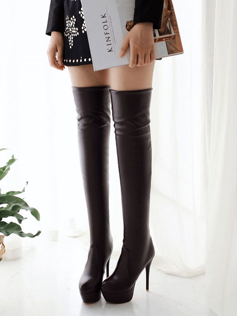 Overknee-stiefel Mit Plateau-oberschenkelhohen Damen-stiefel Mandelzehen Und Stiletto-absatz