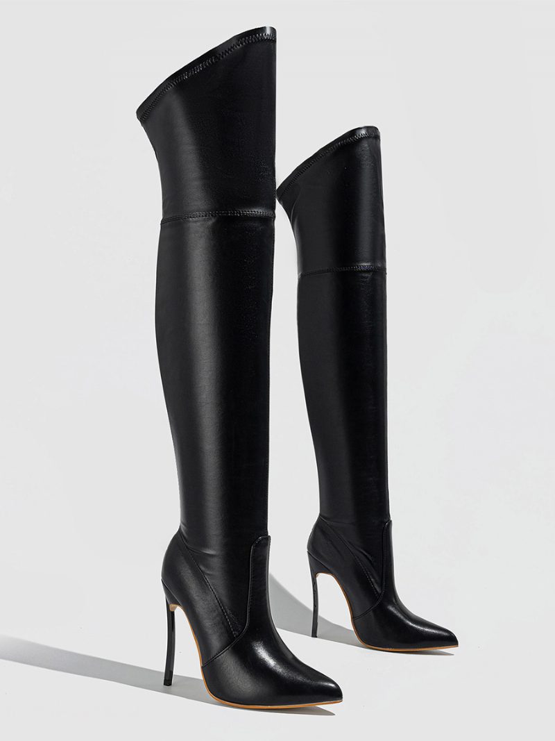 Overknee-stiefel Schwarzes Pu-leder Damen-stiefel Mit Spitzer Zehenpartie Und Oberschenkelhohem Stiletto-absatz - Schwarz