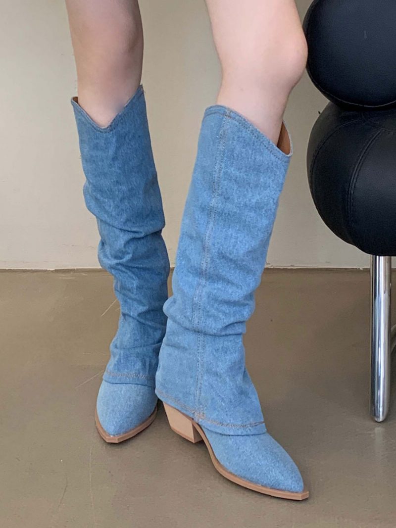 Polyester-stiefel Mit Spitzer Zehenpartie Und Klobigem Absatz Bis Zur Mitte Der Wade Für Damen - Helles Himmelblau