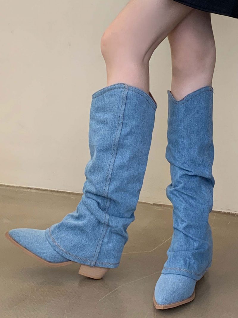 Polyester-stiefel Mit Spitzer Zehenpartie Und Klobigem Absatz Bis Zur Mitte Der Wade Für Damen - Helles Himmelblau