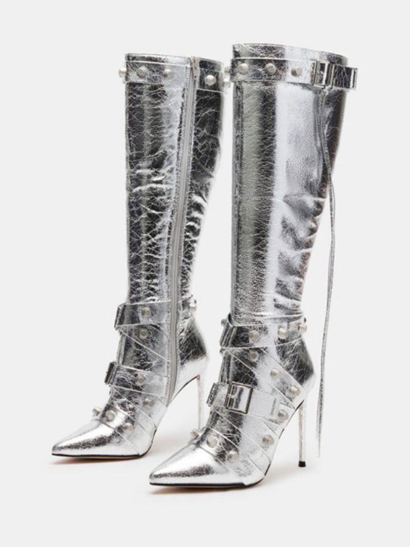 Pu-leder-metalldetails Spitzer Zehenbereich Kegelförmiger Absatz Mittelhohe Stiefel Für Damen - Silber