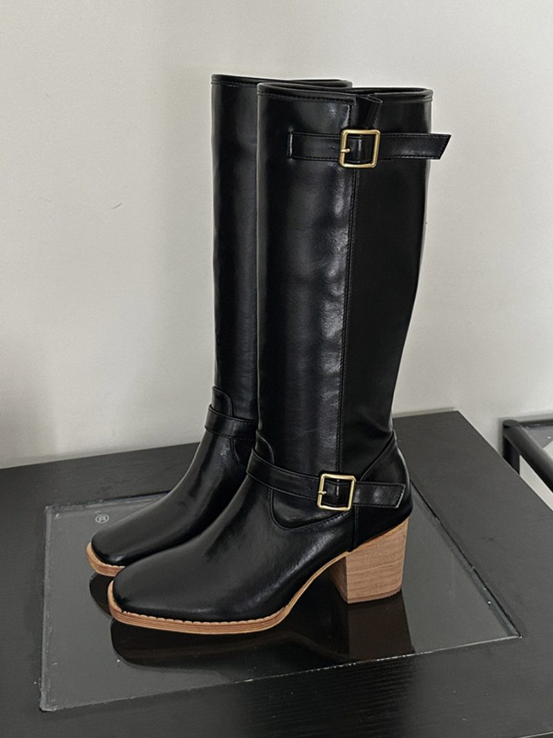 Pu-leder-schnalle Eckige Zehenpartie Klobiger Absatz Mittelhohe Stiefel Für Damen