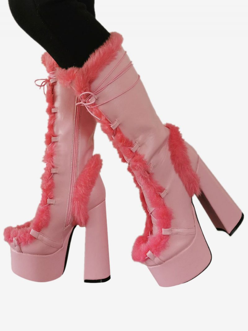 Pu-leder-stiefel Mit Runder Zehenpartie Und Plateausohle Klobigem Absatz Mittlerer Wade Für Damen - Rosa