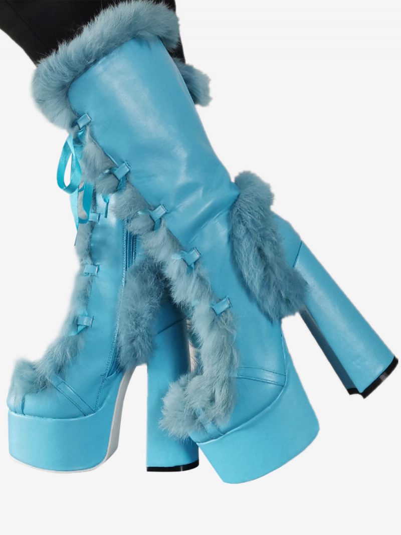 Pu-leder-stiefel Mit Runder Zehenpartie Und Plateausohle Klobigem Absatz Mittlerer Wade Für Damen - Cyanblau