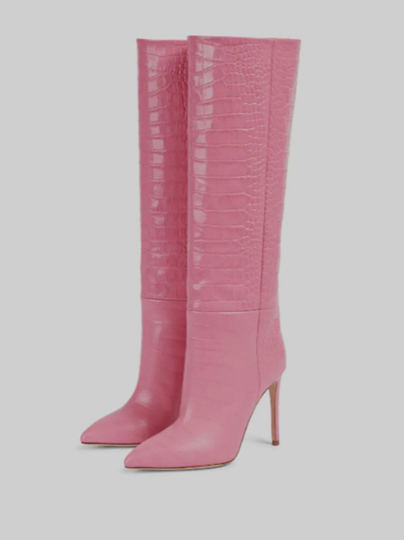 Rosa Kniehohe Damenstiefel Mit Spitzer Zehenpartie Und Krokomuster Stiletto-absatz