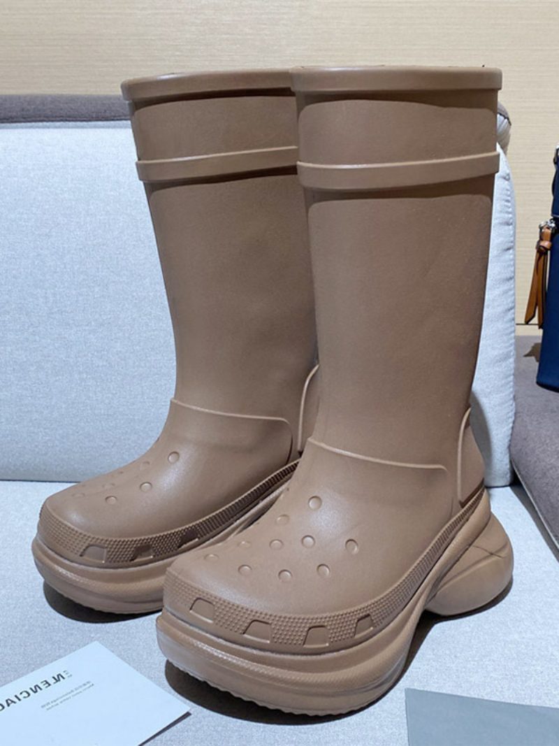 Rosa Regenstiefel Für Damen Wasserdichte Plateaustiefel Mit Runder Zehenpartie - Kaffeebraun