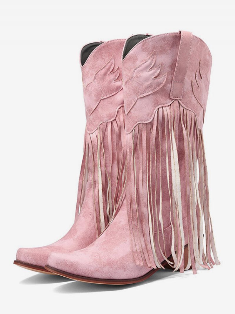 Rosa Westernstiefel Aus Wildleder Für Damen Mit Spitzer Zehenpartie Und Quasten-cowgirlstiefeln