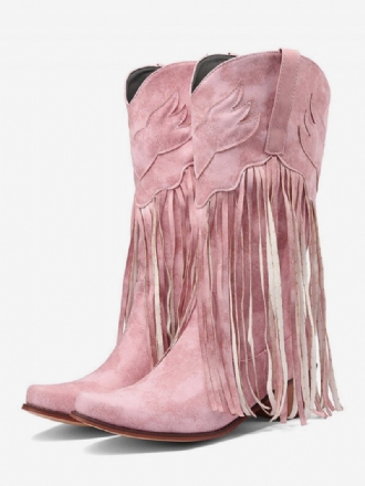 Rosa Westernstiefel Aus Wildleder Für Damen Mit Spitzer Zehenpartie Und Quasten-cowgirlstiefeln