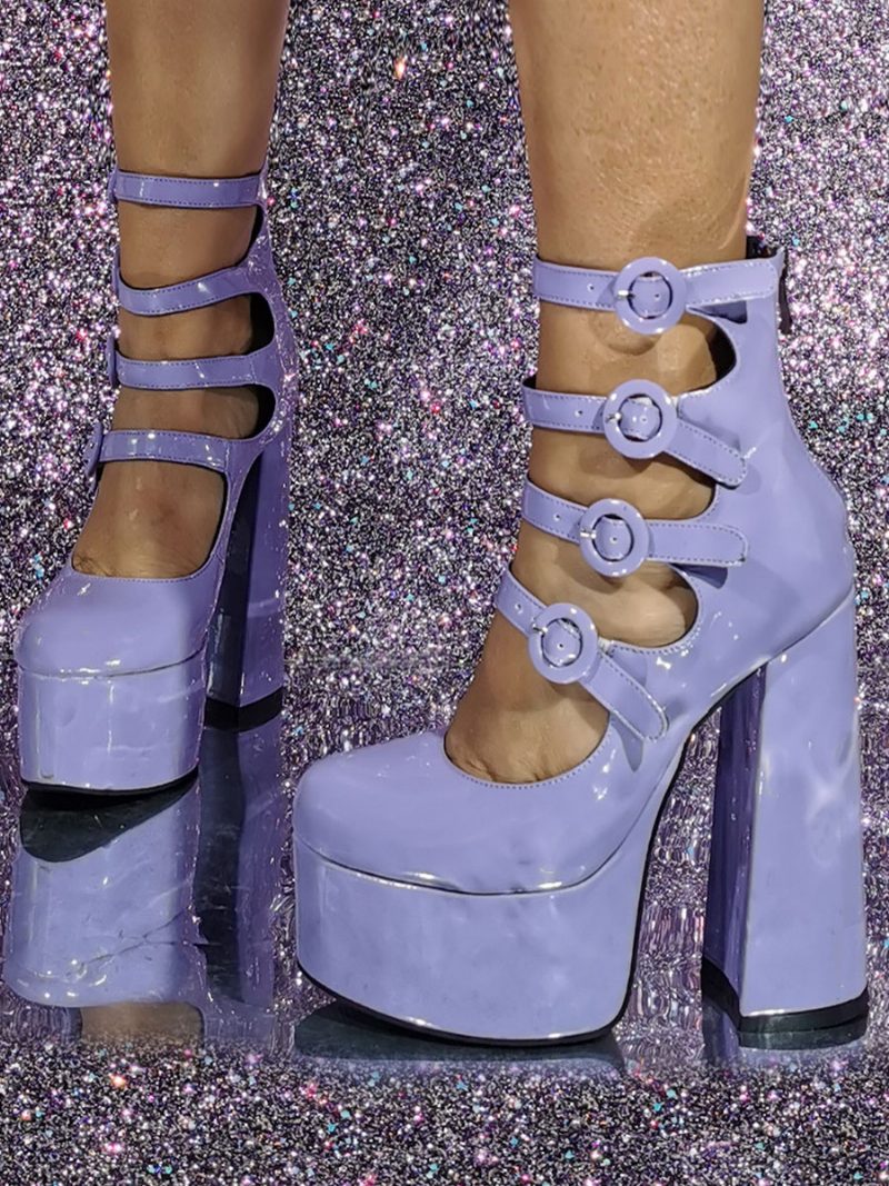 Rosafarbene High-heels-stiefeletten Für Damen Mit Plateausohle Und Schnallendetail Ausschnitt Blockabsatz - Lavendel