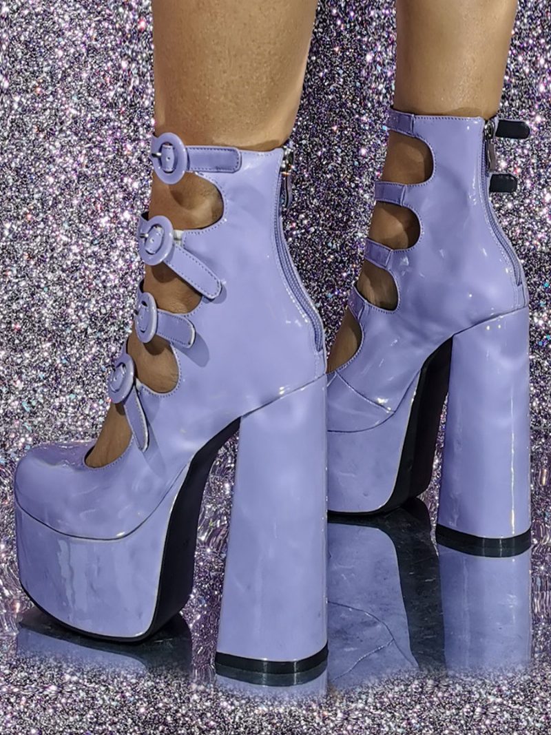 Rosafarbene High-heels-stiefeletten Für Damen Mit Plateausohle Und Schnallendetail Ausschnitt Blockabsatz - Lavendel