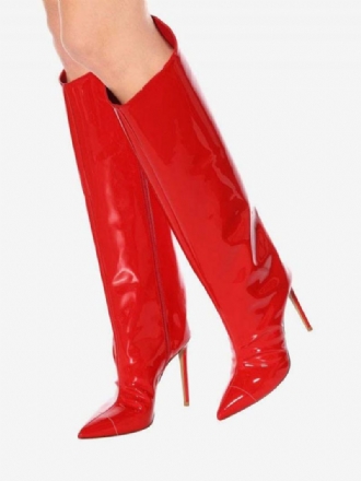 Rote Kniehohe Stiefel Mit Spitzer Zehenpartie Helles Leder Stiletto-absatz Knielange Für Damen