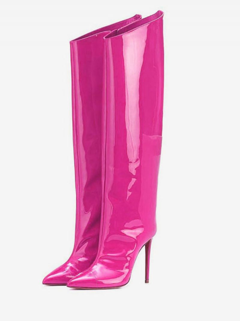 Rote Kniehohe Stiefel Mit Spitzer Zehenpartie Helles Leder Stiletto-absatz Knielange Für Damen - Rose