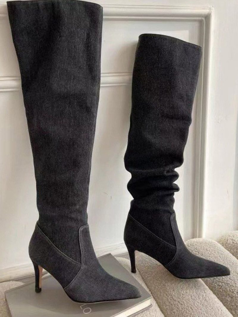 Schicke Kniehohe Damenstiefel Mit Stiletto-absatz - Schwarz