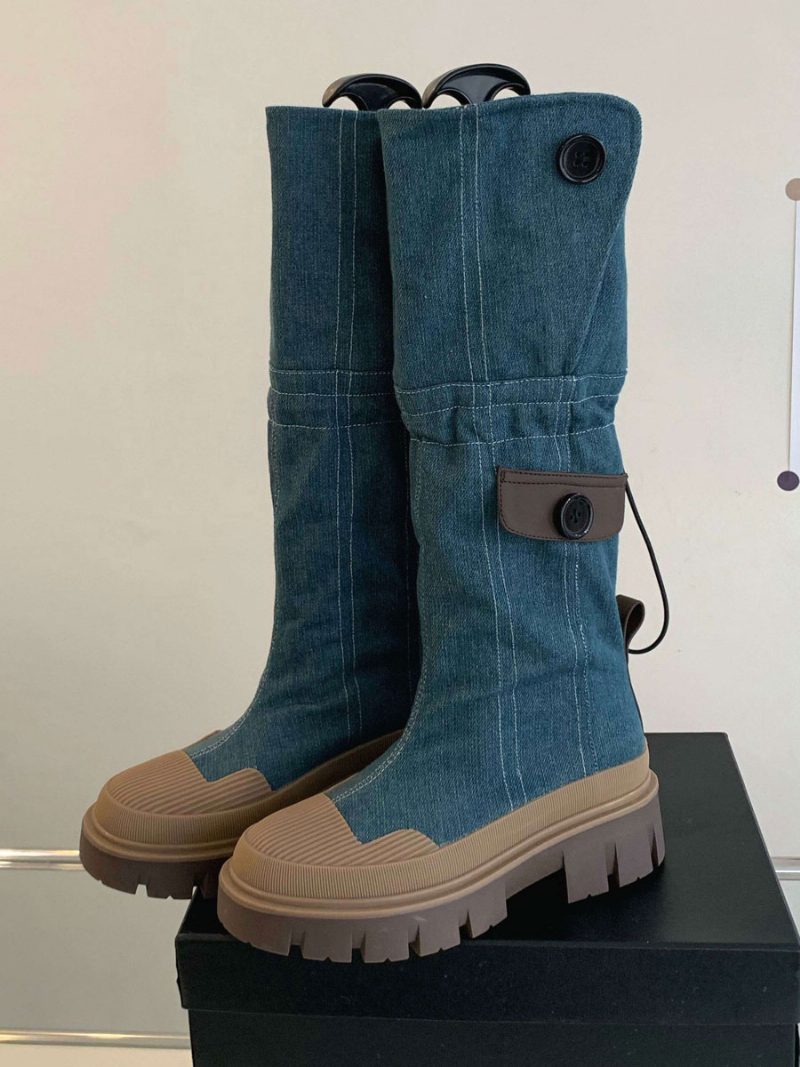 Schicke Kniehohe Stiefel Mit Klobigem Absatz Für Damen - Blau