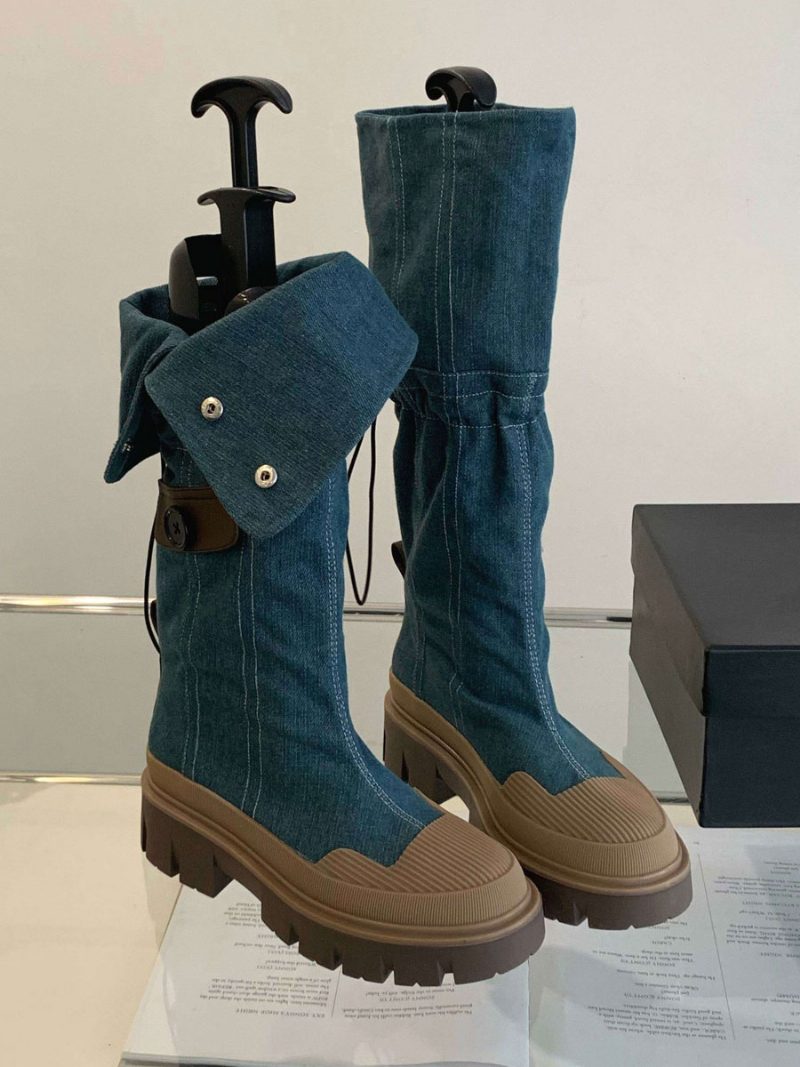 Schicke Kniehohe Stiefel Mit Klobigem Absatz Für Damen - Blau