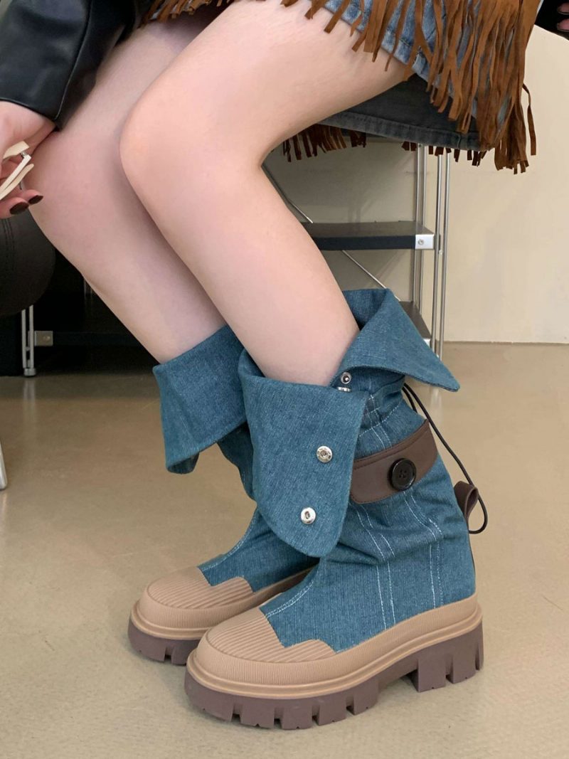 Schicke Kniehohe Stiefel Mit Klobigem Absatz Für Damen - Blau