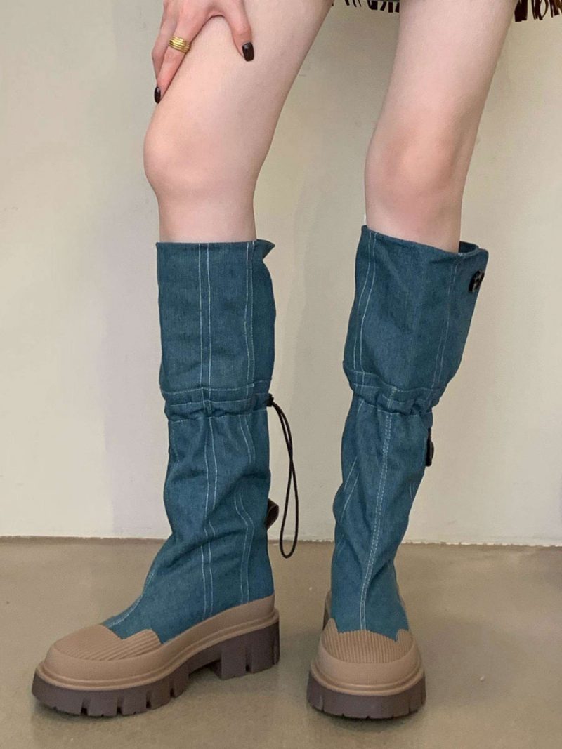 Schicke Kniehohe Stiefel Mit Klobigem Absatz Für Damen - Blau