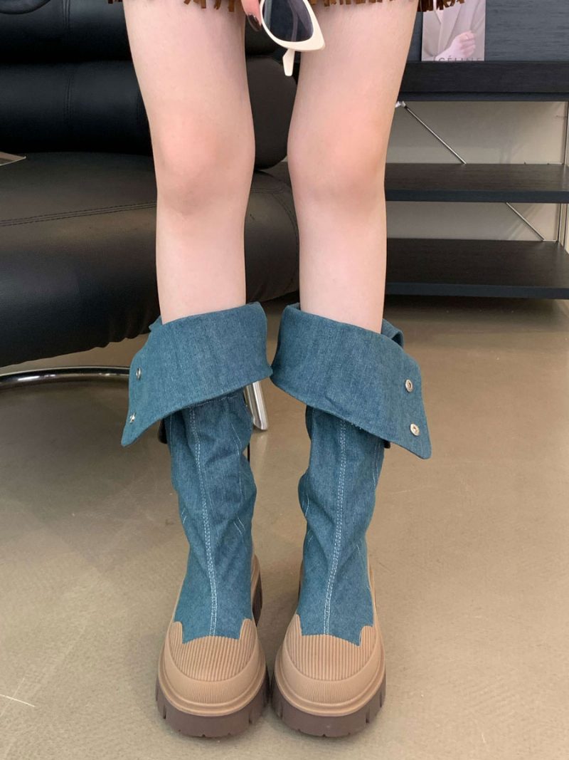 Schicke Kniehohe Stiefel Mit Klobigem Absatz Für Damen - Blau