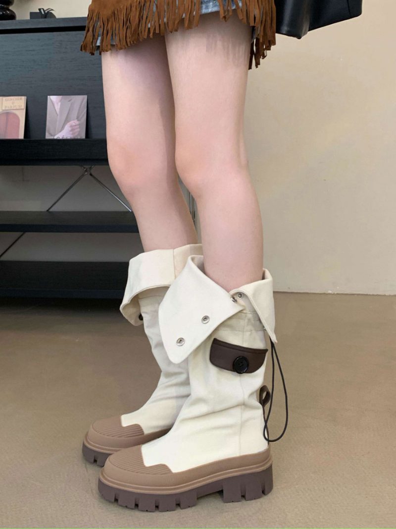 Schicke Kniehohe Stiefel Mit Klobigem Absatz Für Damen - Beige