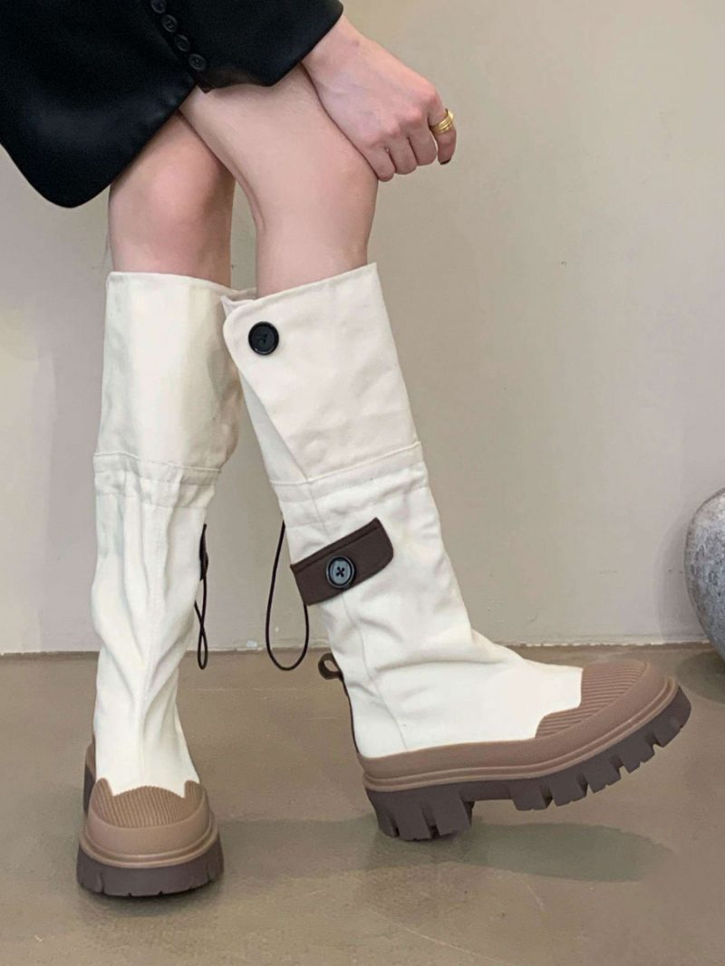 Schicke Kniehohe Stiefel Mit Klobigem Absatz Für Damen - Beige