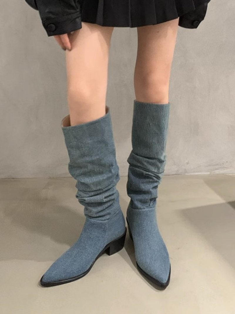 Schicke Kniehohe Stiefel Mit Klobigem Absatz Für Damen - Blaugrün