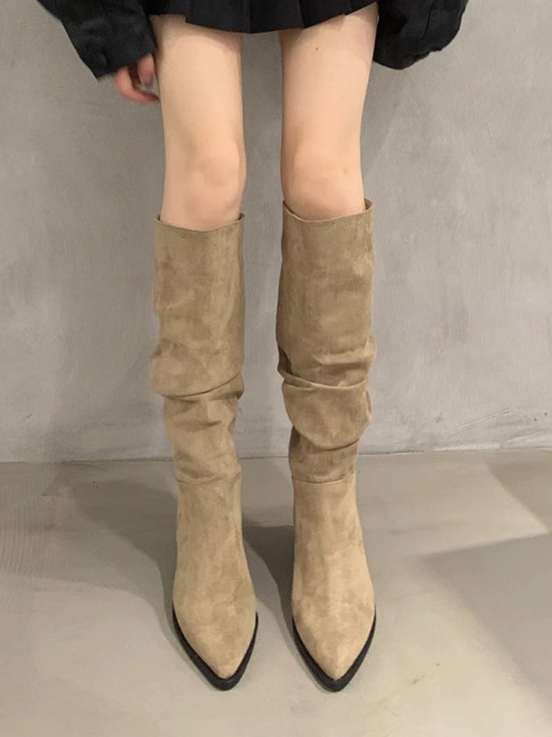 Schicke Kniehohe Stiefel Mit Klobigem Absatz Für Damen - Khaki