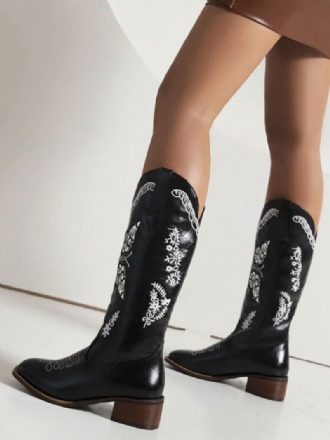 Schwarze Cowboystiefel Für Damen Welpenabsatz Mittelhohe Stiefel Cowgirl-hochzeitsschuhe