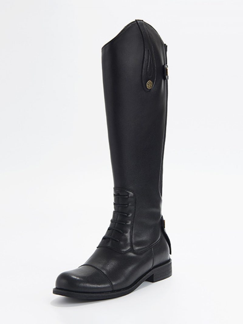 Schwarze Damen-reitstiefel Mit Runder Zehenpartie Und Flacher Mittelhoher Wade