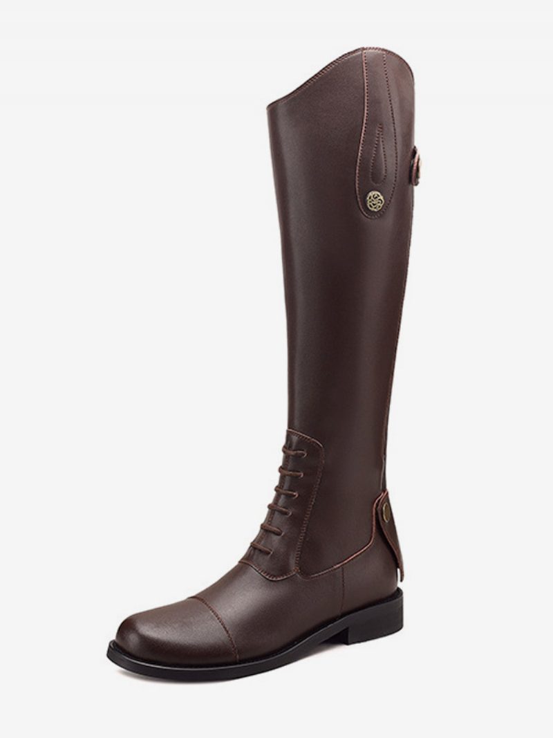 Schwarze Damen-reitstiefel Mit Runder Zehenpartie Und Flacher Mittelhoher Wade - Kaffeebraun