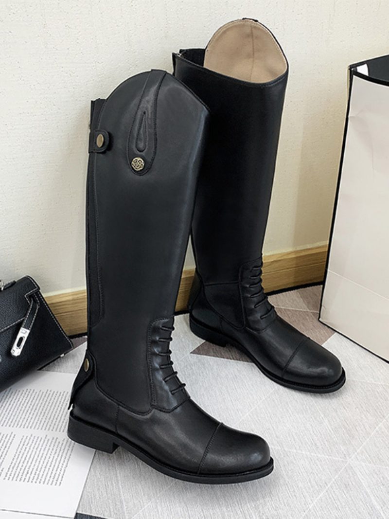 Schwarze Damen-reitstiefel Mit Runder Zehenpartie Und Flacher Mittelhoher Wade - Schwarz