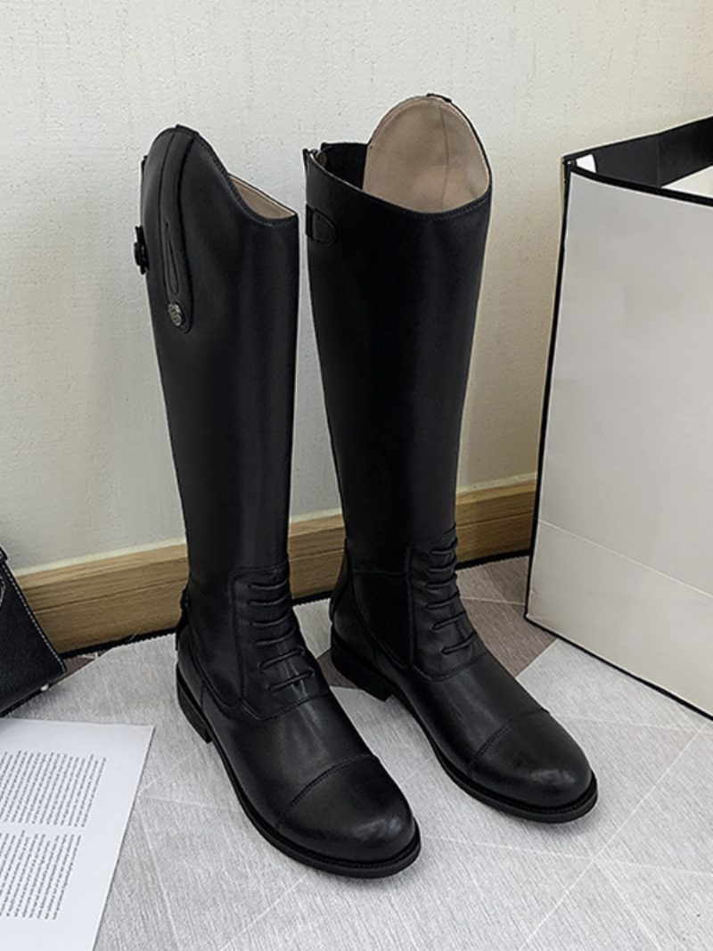 Schwarze Damen-reitstiefel Mit Runder Zehenpartie Und Flacher Mittelhoher Wade - Schwarz