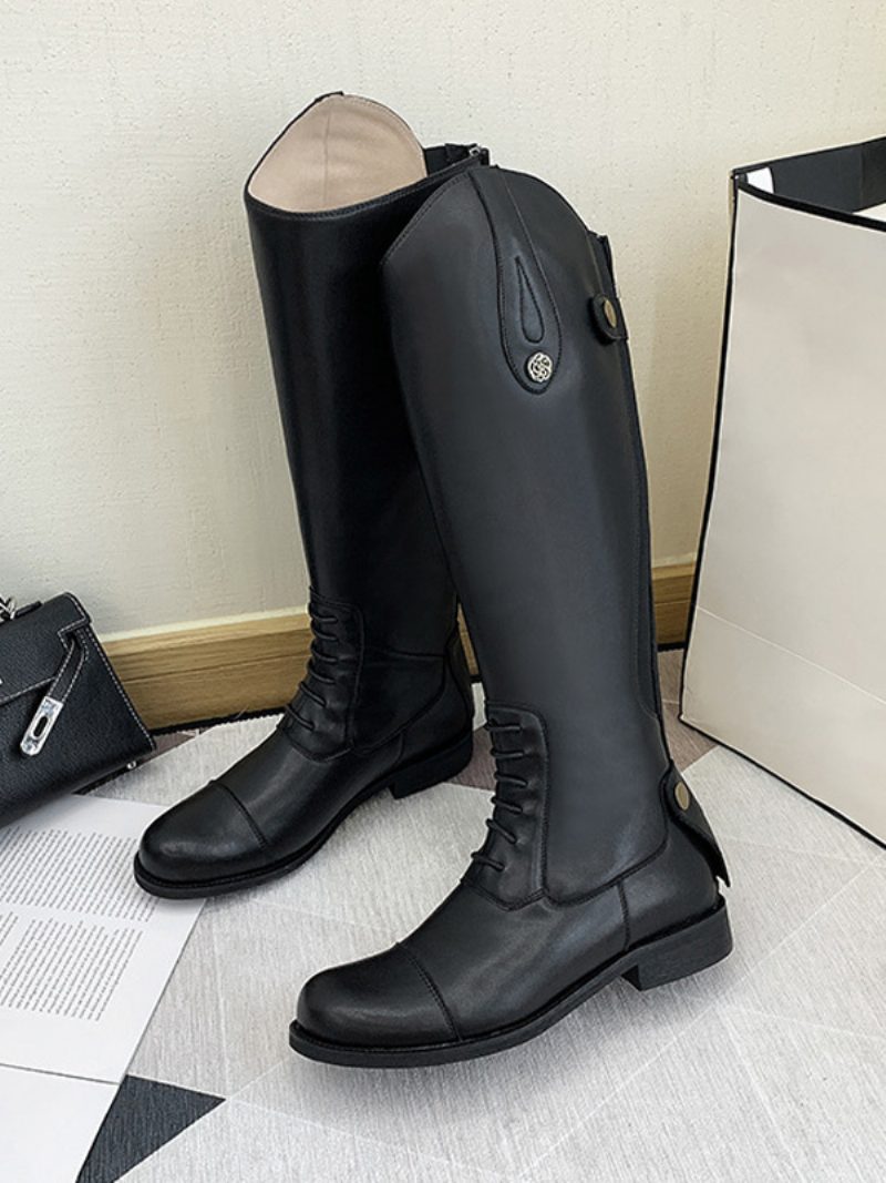 Schwarze Damen-reitstiefel Mit Runder Zehenpartie Und Flacher Mittelhoher Wade - Schwarz